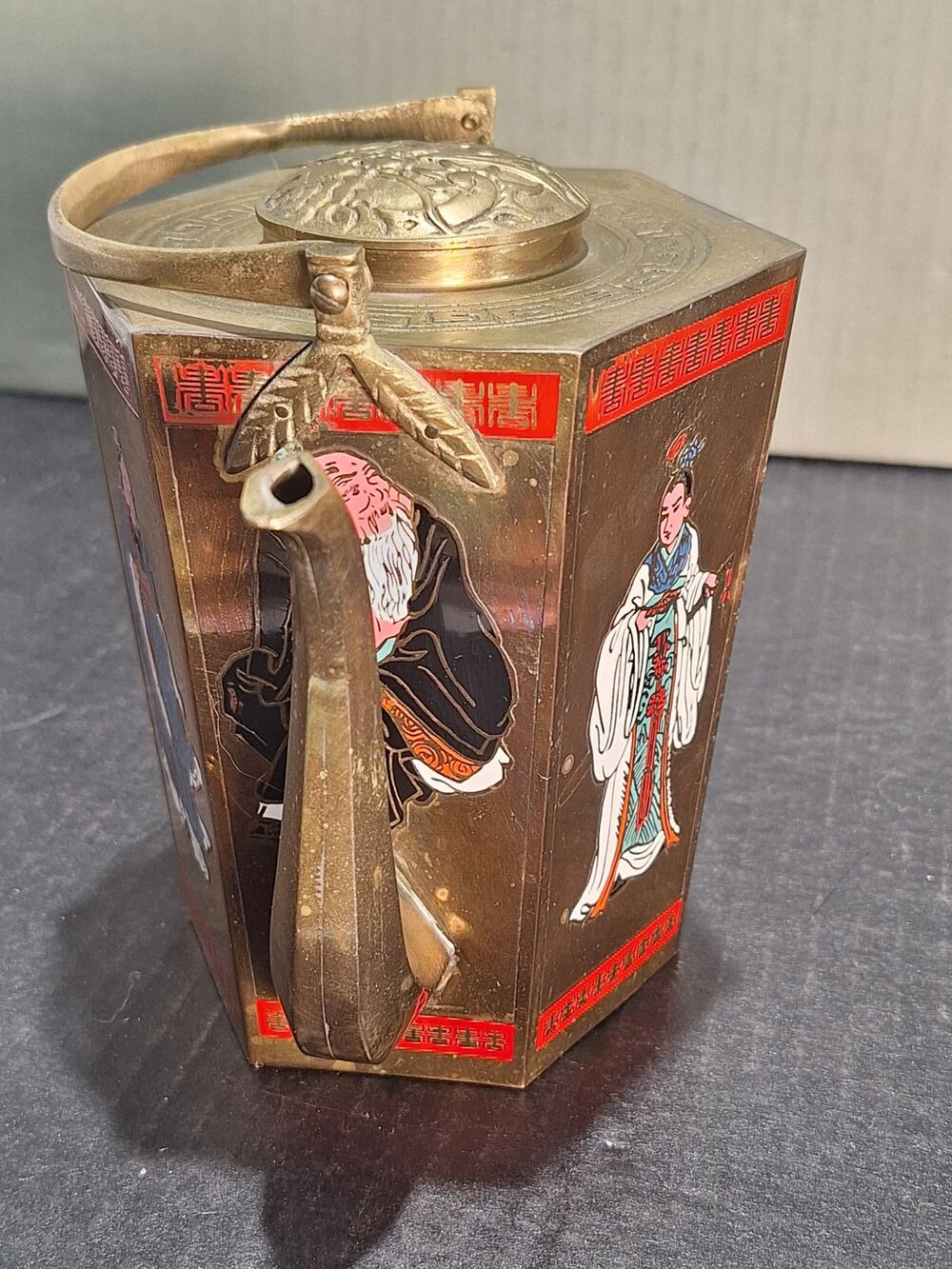 1950s Chinese Hexagonal Brass Teapot Enamel Figures No Taiwan Export Mark!
